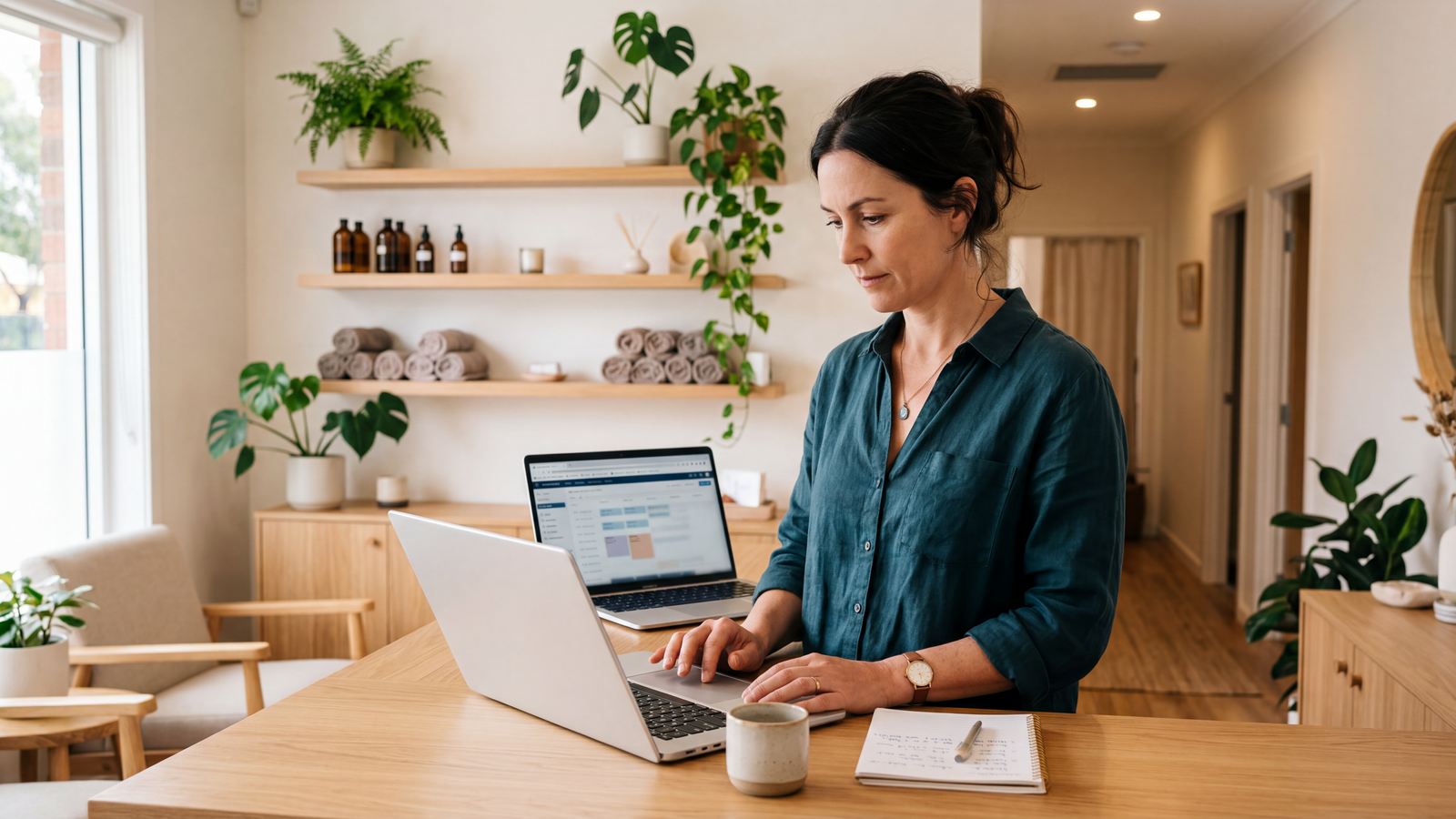 Massage clinic owner at a front desk reviewing options on a laptop, calm daytime clinic in the background
