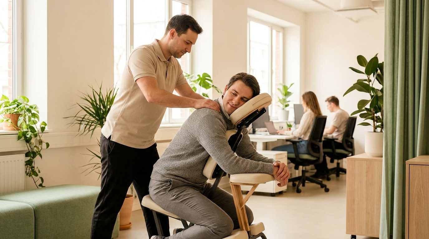 A massage therapist giving a seated chair massage to a professional in a bright open-plan office