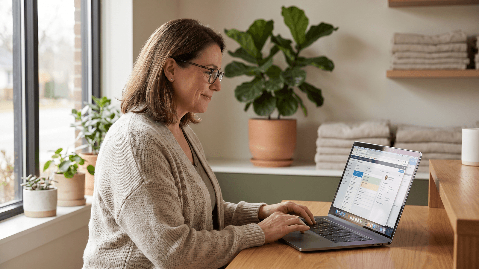 Massage clinic owner at a front desk reviewing secured client records on a laptop in a calm daytime clinic