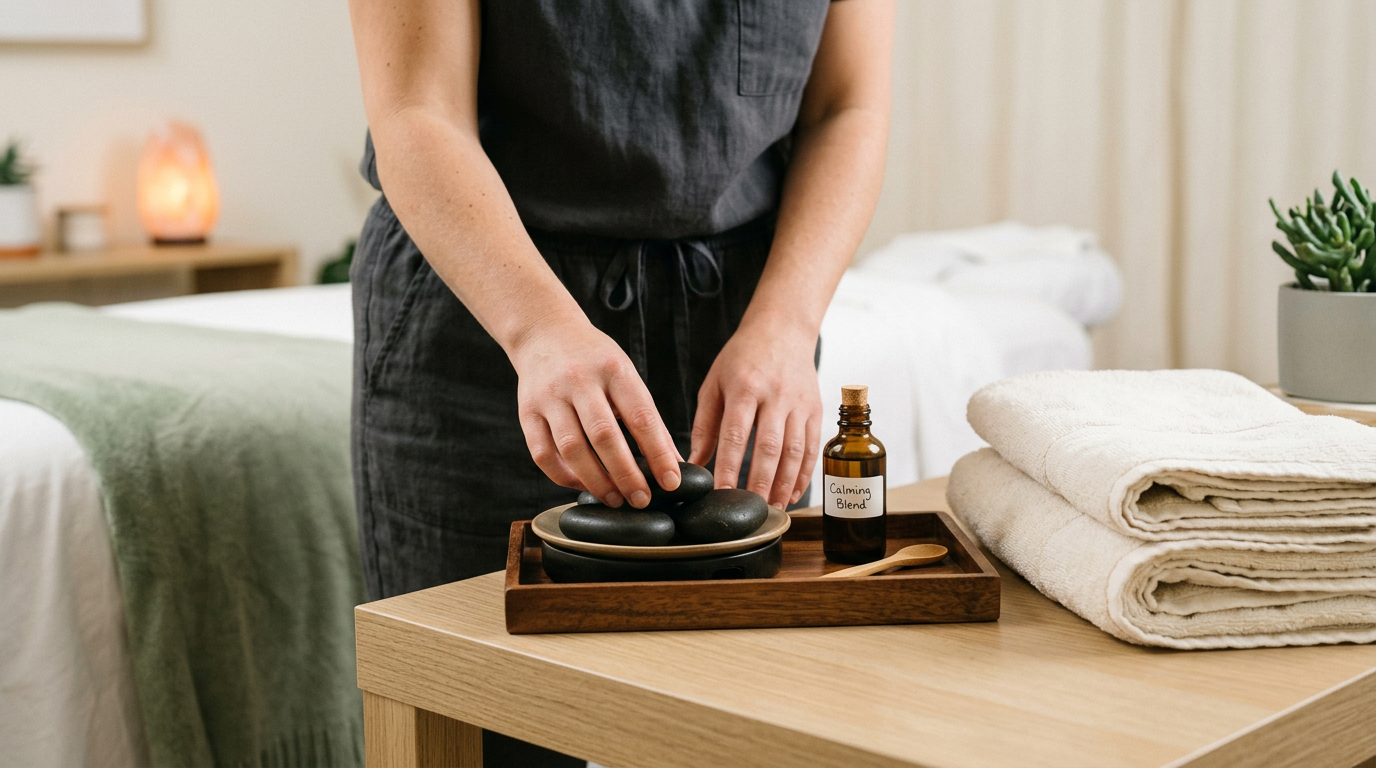 Massage therapist preparing hot stones and aromatherapy oils in a treatment room
