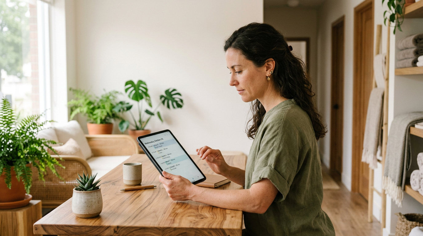 A clinic owner reviewing the day's appointment schedule on a tablet at a reception desk