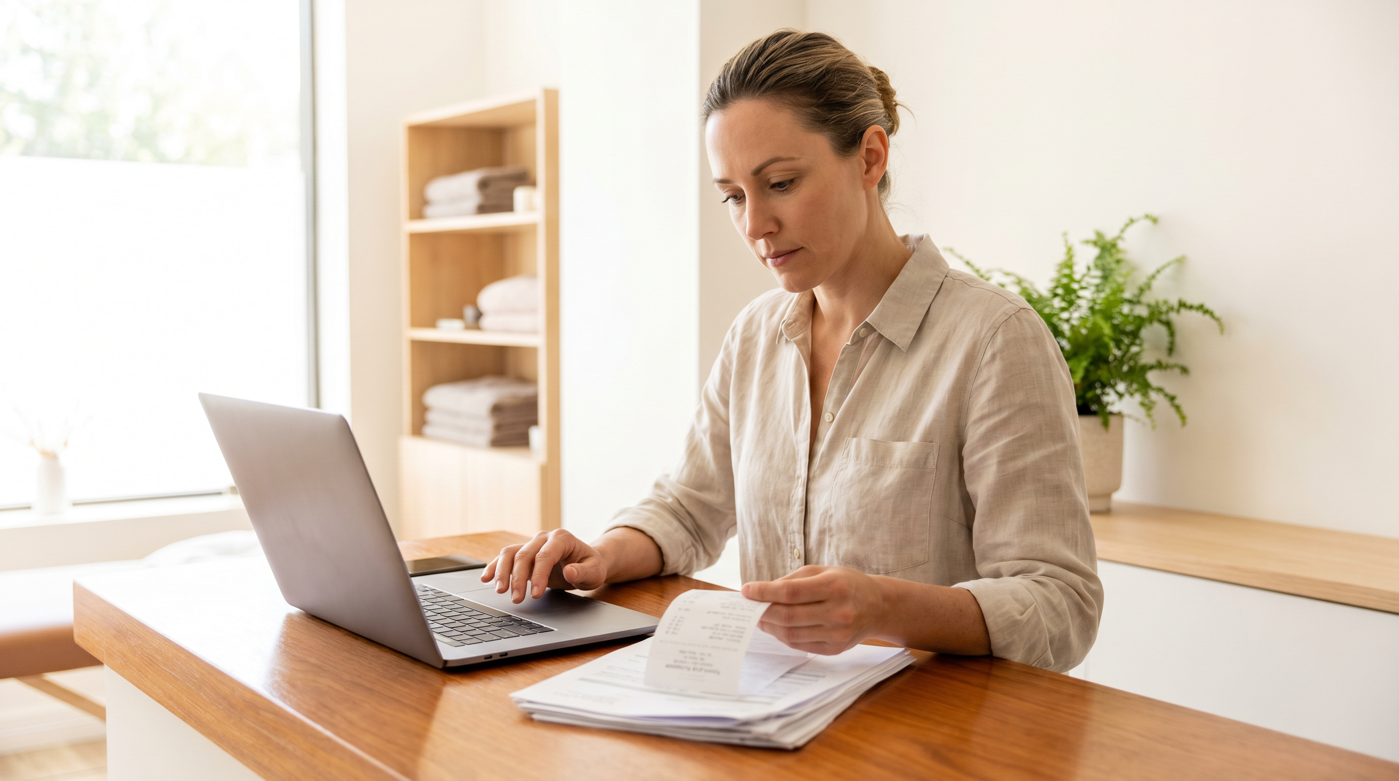 Massage clinic owner at a front desk reviewing client records and receipts on a laptop in a calm daytime clinic