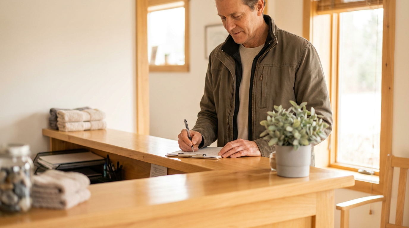 Massage clinic owner writing a checklist at the front desk before opening