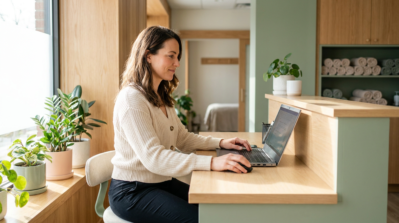 A massage clinic owner reviewing their clinic website on a laptop at the front desk