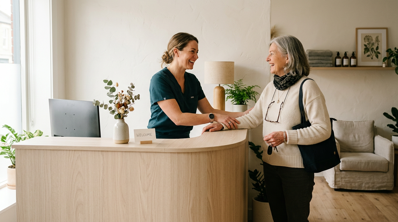A massage therapist warmly greeting a returning regular client at a clinic reception desk