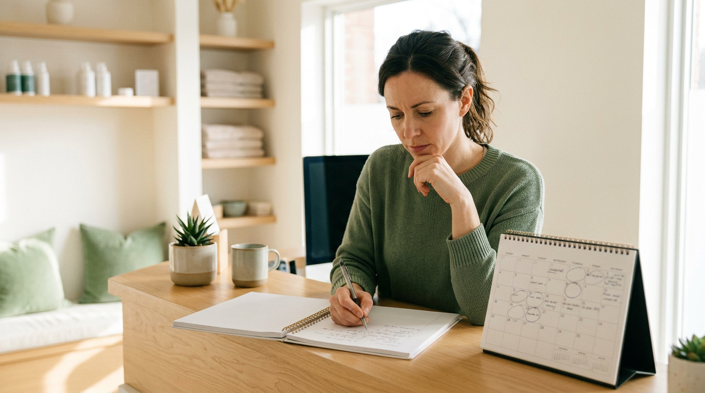 Massage clinic owner planning a seasonal promotion at the front desk with a calendar