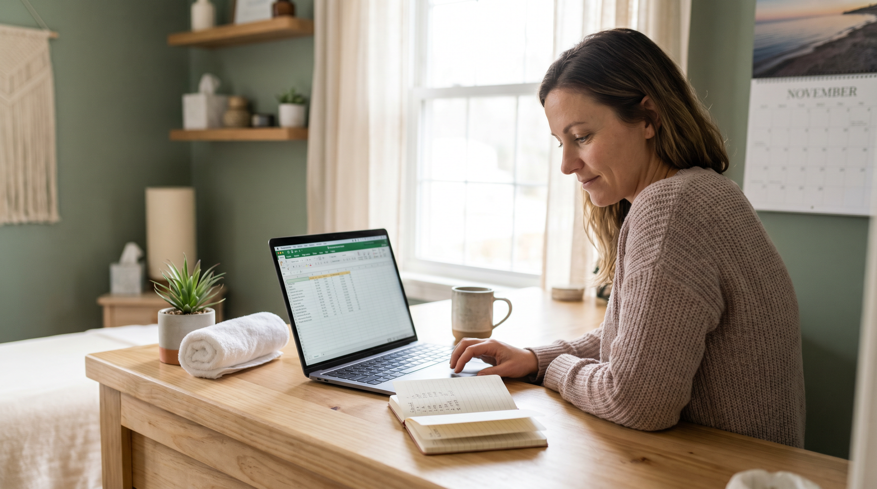 Massage clinic owner reviewing finances on a laptop and notebook at a reception desk
