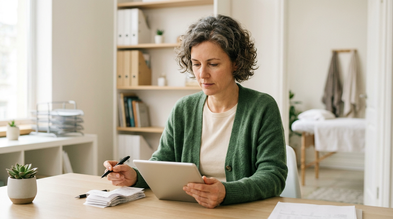 Massage clinic owner reviewing client billing records on a tablet at a desk