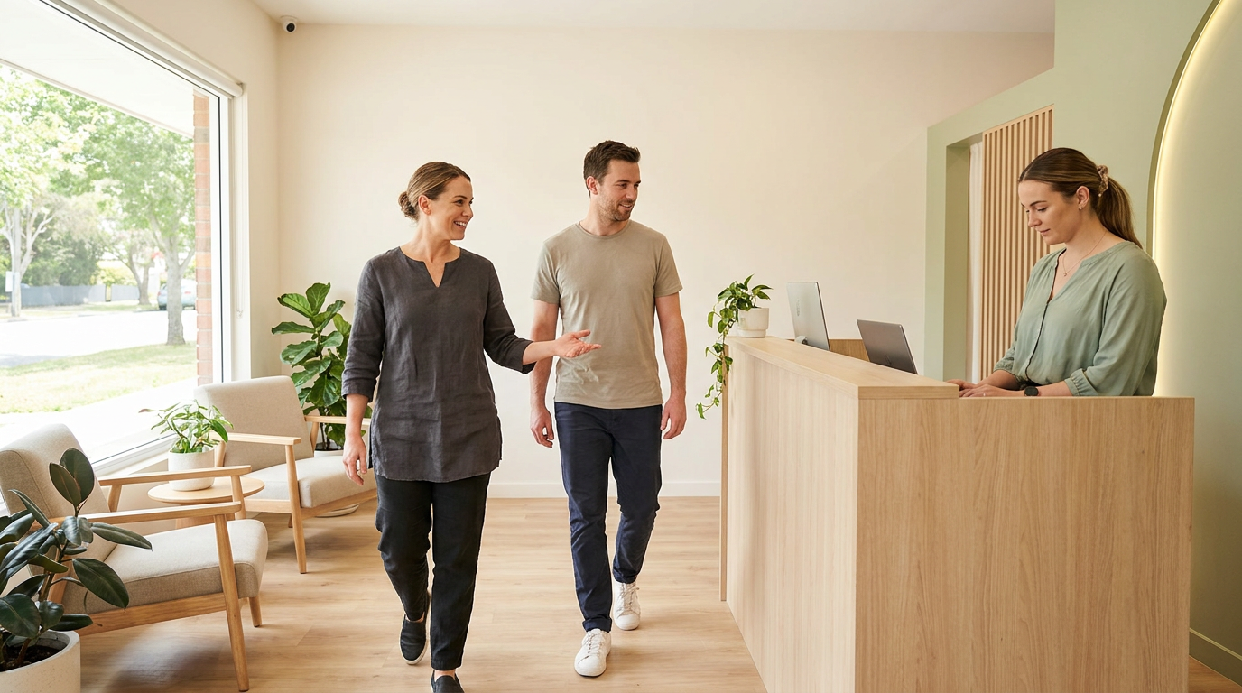 Massage therapist walking a client to the front desk to book their next appointment