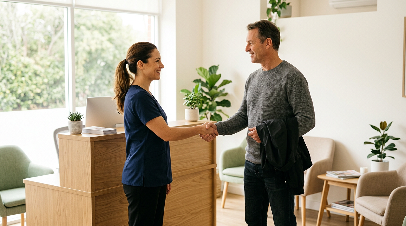 Massage therapist warmly greeting a returning regular client in a clinic reception area