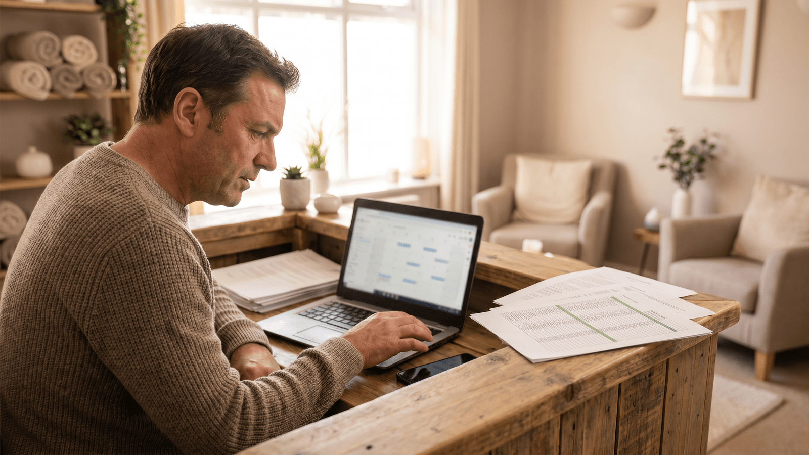 Massage clinic owner looking at a laptop and phone with a calendar and spreadsheet open, calm daytime clinic in the background