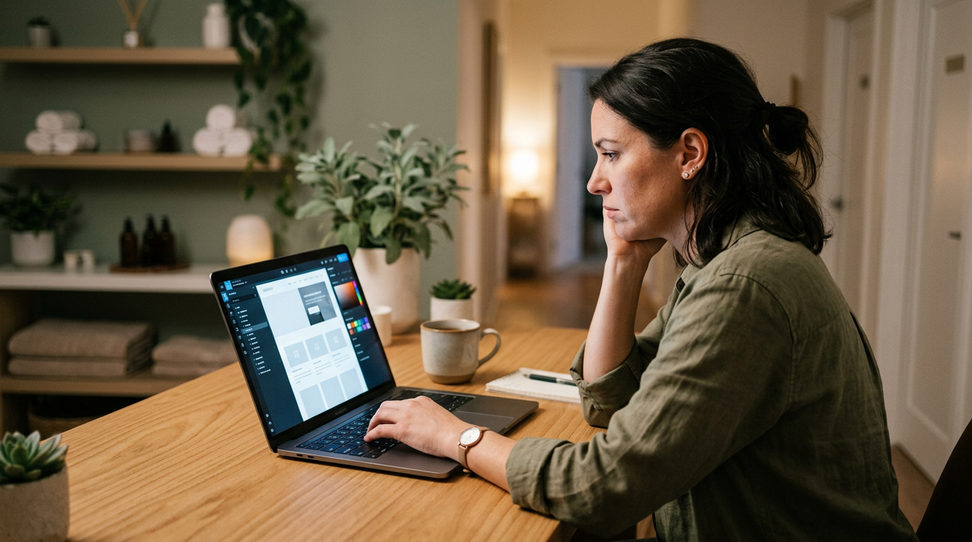 A massage clinic owner at the front desk after hours working on their website on a laptop
