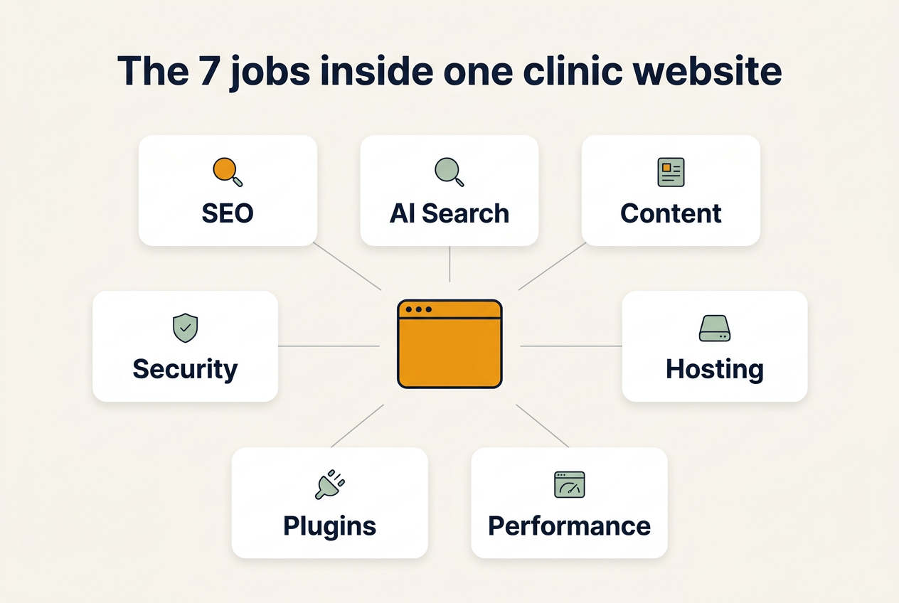 Diagram showing the seven ongoing jobs inside one clinic website: SEO, AI search, content, security, hosting, plugins, and performance