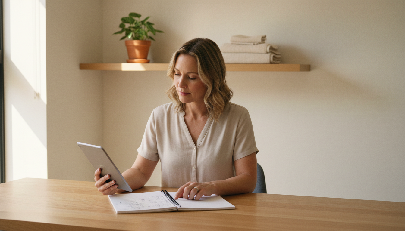 Massage clinic owner sitting at a desk reviewing figures on a laptop in a warm, light-filled office