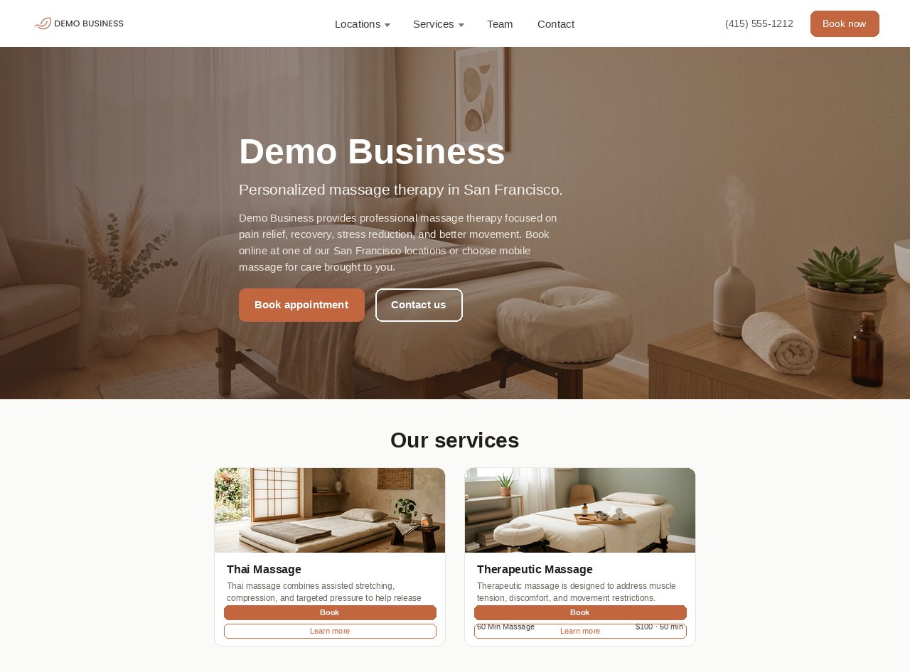 The Demo Business clinic website built with Hivemanager.io, showing the homepage hero and services